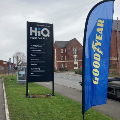 Hi Q Tyres Autocare Burton on Trent belly flag and Hi Q Signage