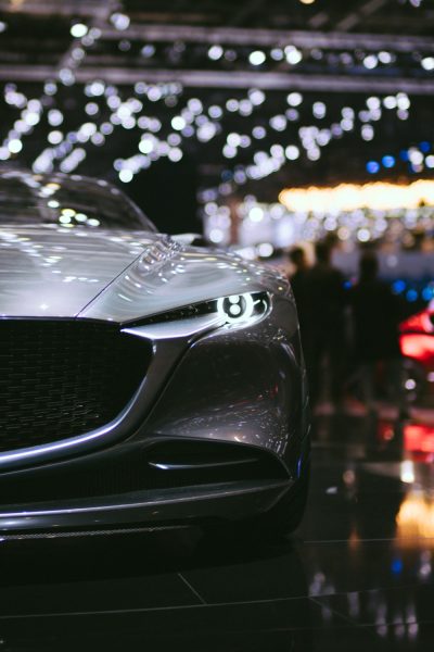 Silver Mazda in car show room