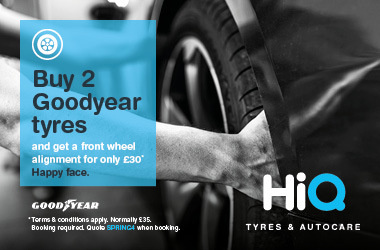 Buy 2 Goodyear tyres and get a front wheel alignment for only £30*