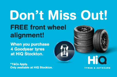 FREE front wheel alignment when you purchase 4 Goodyear tyres at HiQ Stockton!