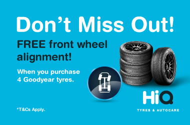 FREE front wheel alignment when you purchase 4 Goodyear tyres!