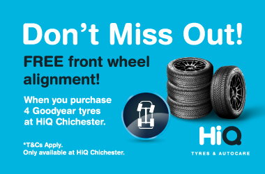 FREE front wheel alignment when you purchase 4 Goodyear tyres at HiQ Chichester!